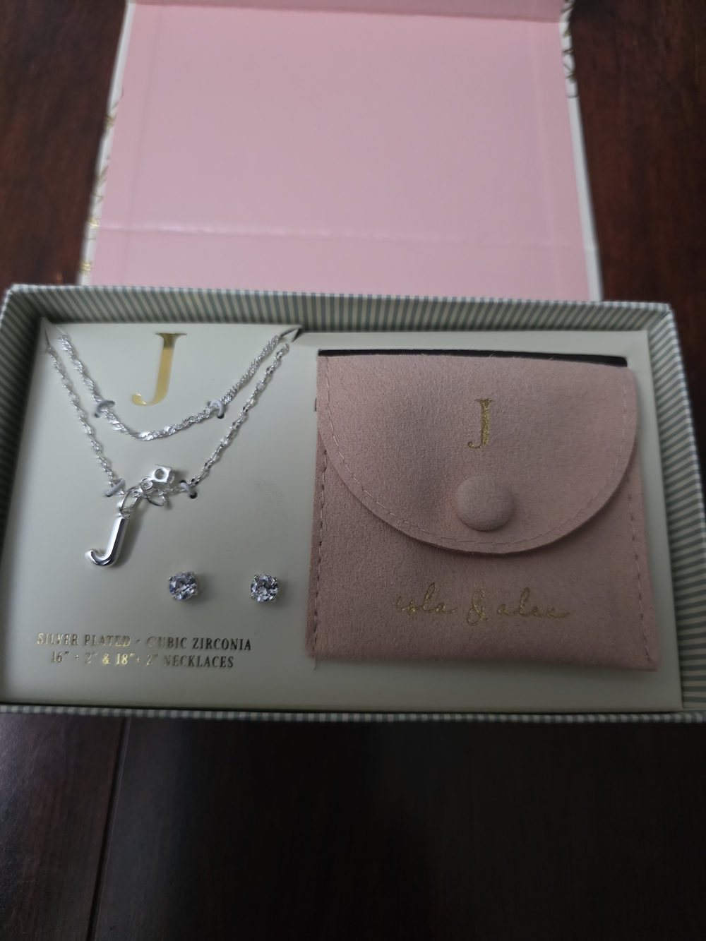 Initial J Silver Plated Necklace & Earrings Set with Pink Suede Pouch